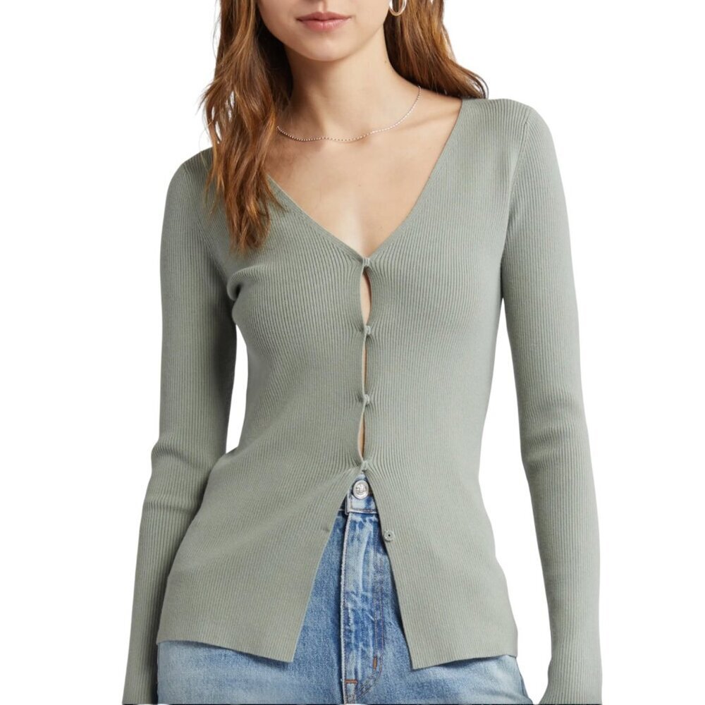 Open Edit Luxe Sculpt Sage Green Cardigan Small